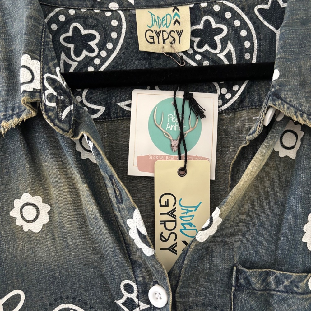 NWT Jaded Gypsy Starburst Tunic Top S/M Chambray Paisley Western Boho Bandana - Picture 3 of 6